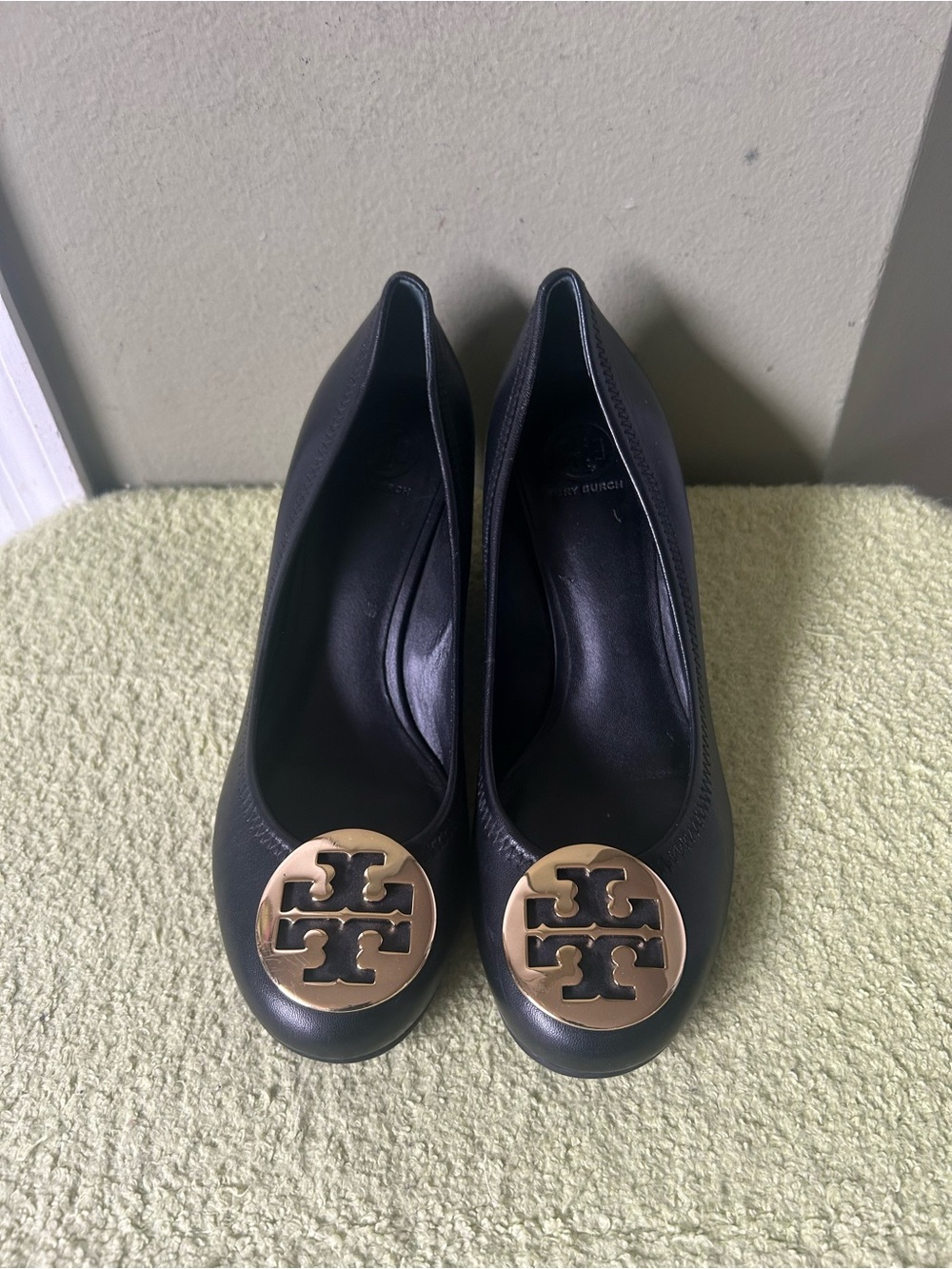 Tory Burch Black Leather Logo Round-Toe Wedge Heels with Gold Emblem